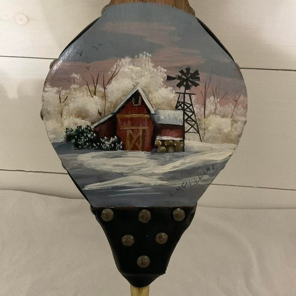 Vintage painted decorative fireplace bellows winter barn windmill scene. Signed‎
